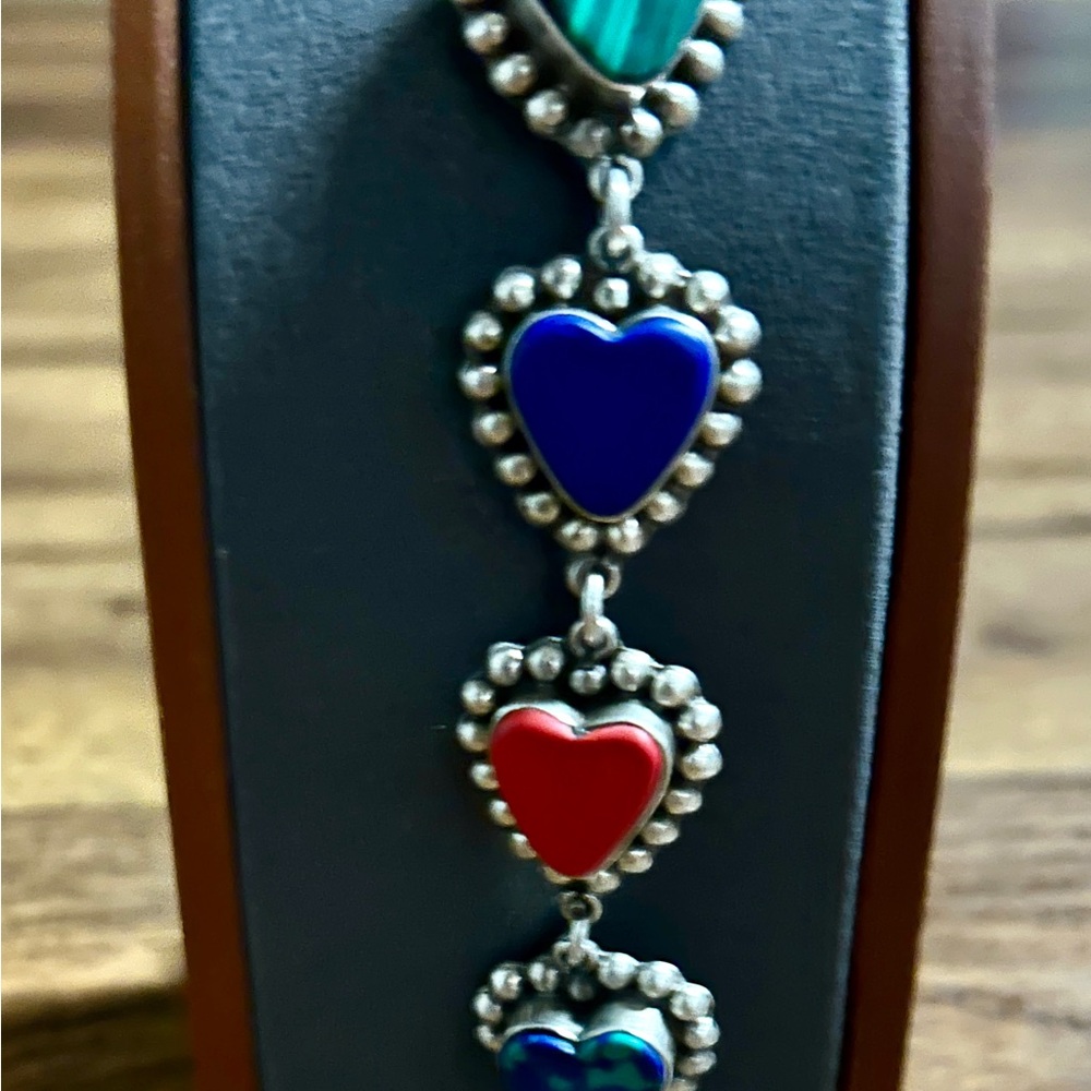 Vintage ~ Multi-Colors Gemstones Heart Shaped ~ .925 Sterling Silver Bracelet - Picture 10 of 15
